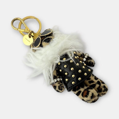 PRADA Key Ring Keychain Bag Charm Teddy Bear Leopard Brown Authentic