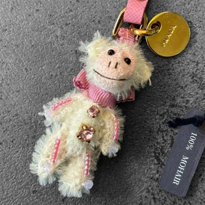 PRADA Key Ring Keychain Bag Charm Mohair Monkey Crystal Authentic