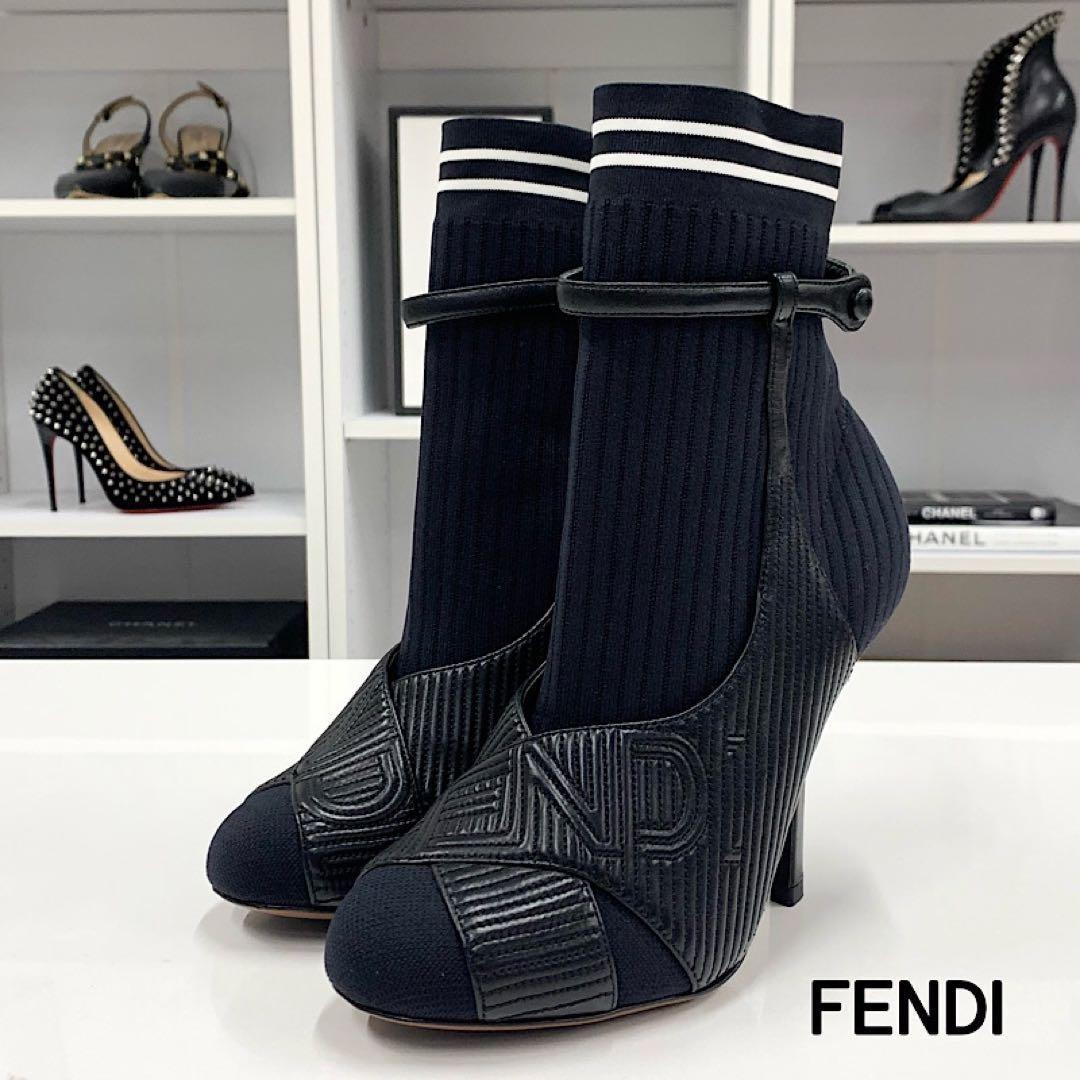 FENDI Short Boots Shoes Logo EU 36 US 6 Fabric Leather Black Authentic