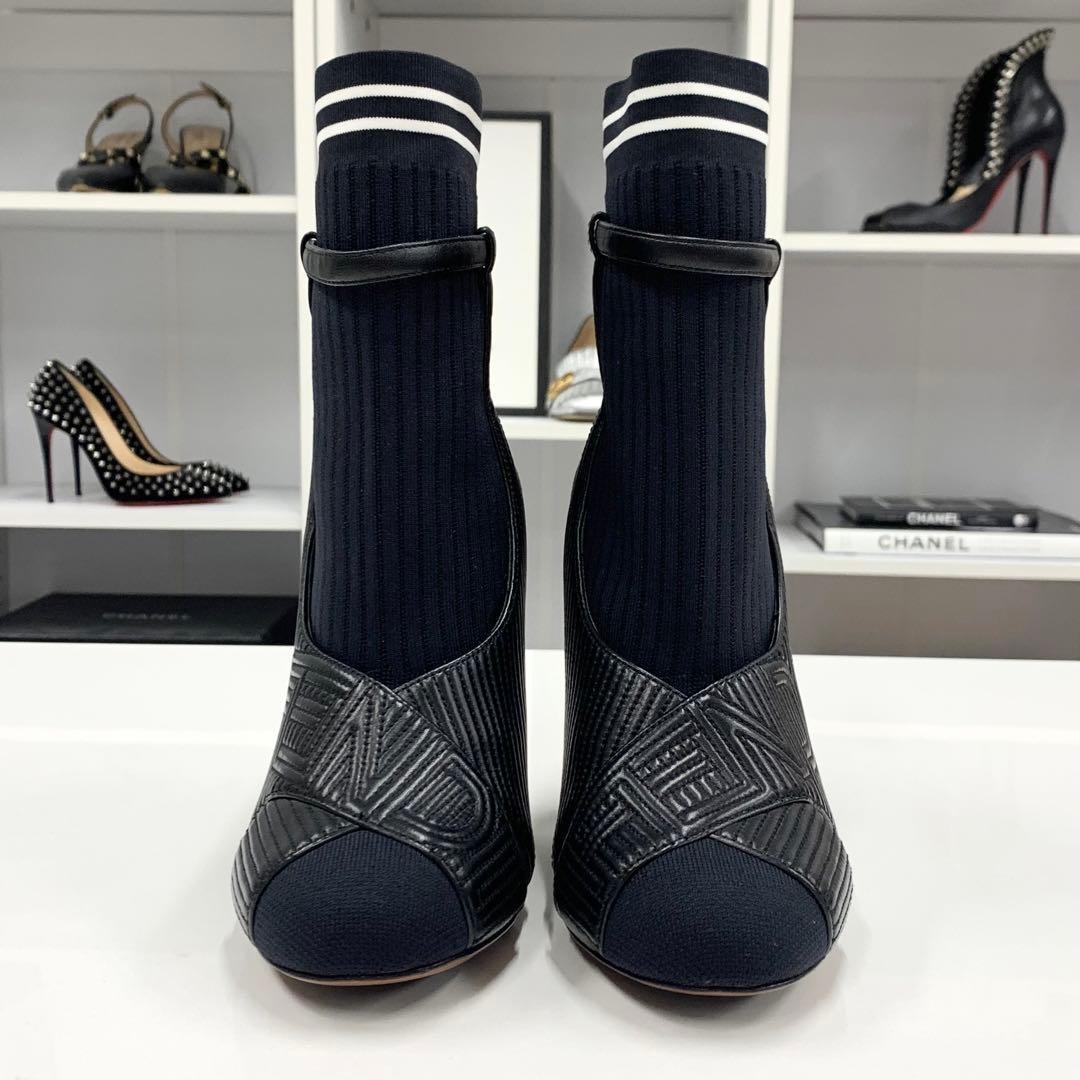 FENDI Short Boots Shoes Logo EU 36 US 6 Fabric Leather Black Authentic