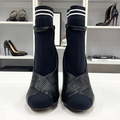 FENDI Short Boots Shoes Logo EU 36 US 6 Fabric Leather Black Authentic