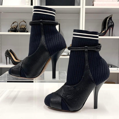 FENDI Short Boots Shoes Logo EU 36 US 6 Fabric Leather Black Authentic