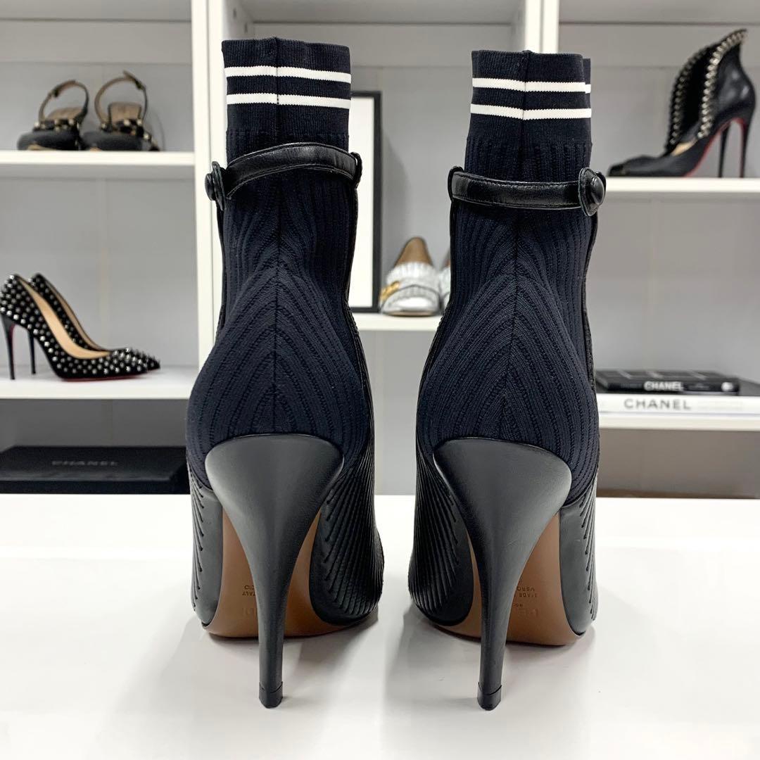 FENDI Short Boots Shoes Logo EU 36 US 6 Fabric Leather Black Authentic