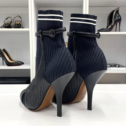 FENDI Short Boots Shoes Logo EU 36 US 6 Fabric Leather Black Authentic