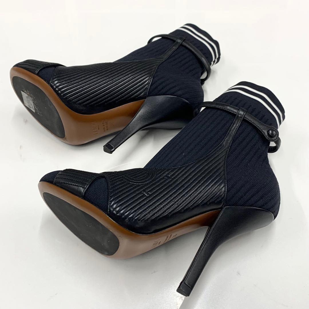 FENDI Short Boots Shoes Logo EU 36 US 6 Fabric Leather Black Authentic