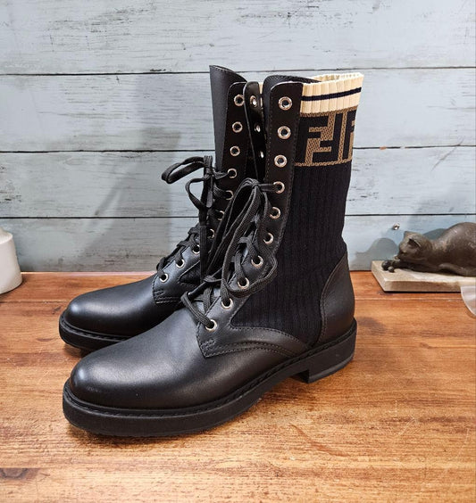 FENDI Boots Shoes FF Zucca EU 39 US 9 Leather fabric Black Authentic