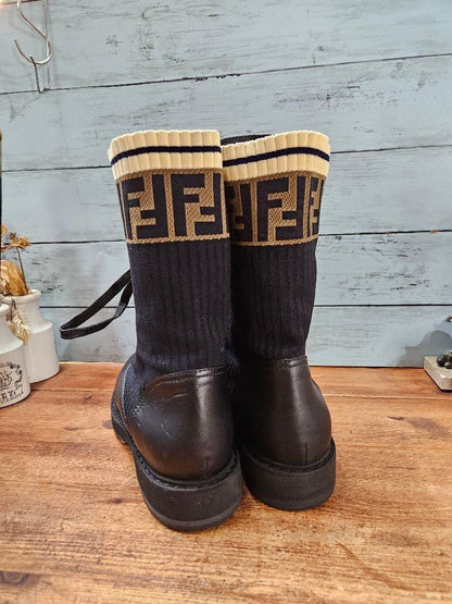 FENDI Boots Shoes FF Zucca EU 39 US 9 Leather fabric Black Authentic
