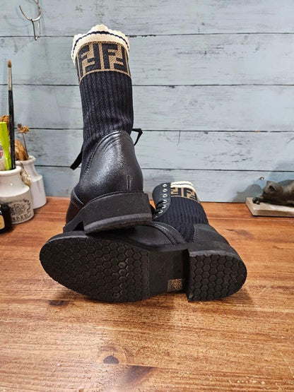 FENDI Boots Shoes FF Zucca EU 39 US 9 Leather fabric Black Authentic