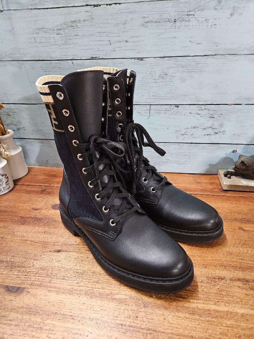 FENDI Boots Shoes FF Zucca EU 39 US 9 Leather fabric Black Authentic