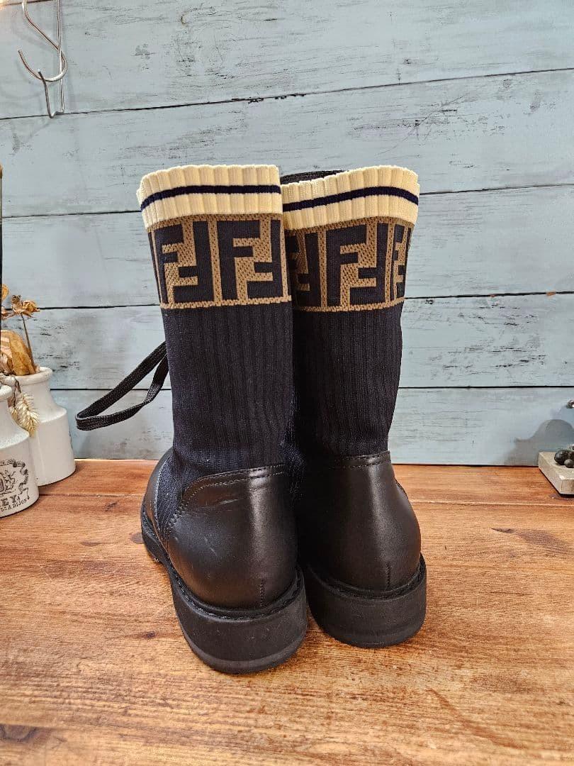 FENDI Boots Shoes FF Zucca EU 39 US 9 Leather fabric Black Authentic