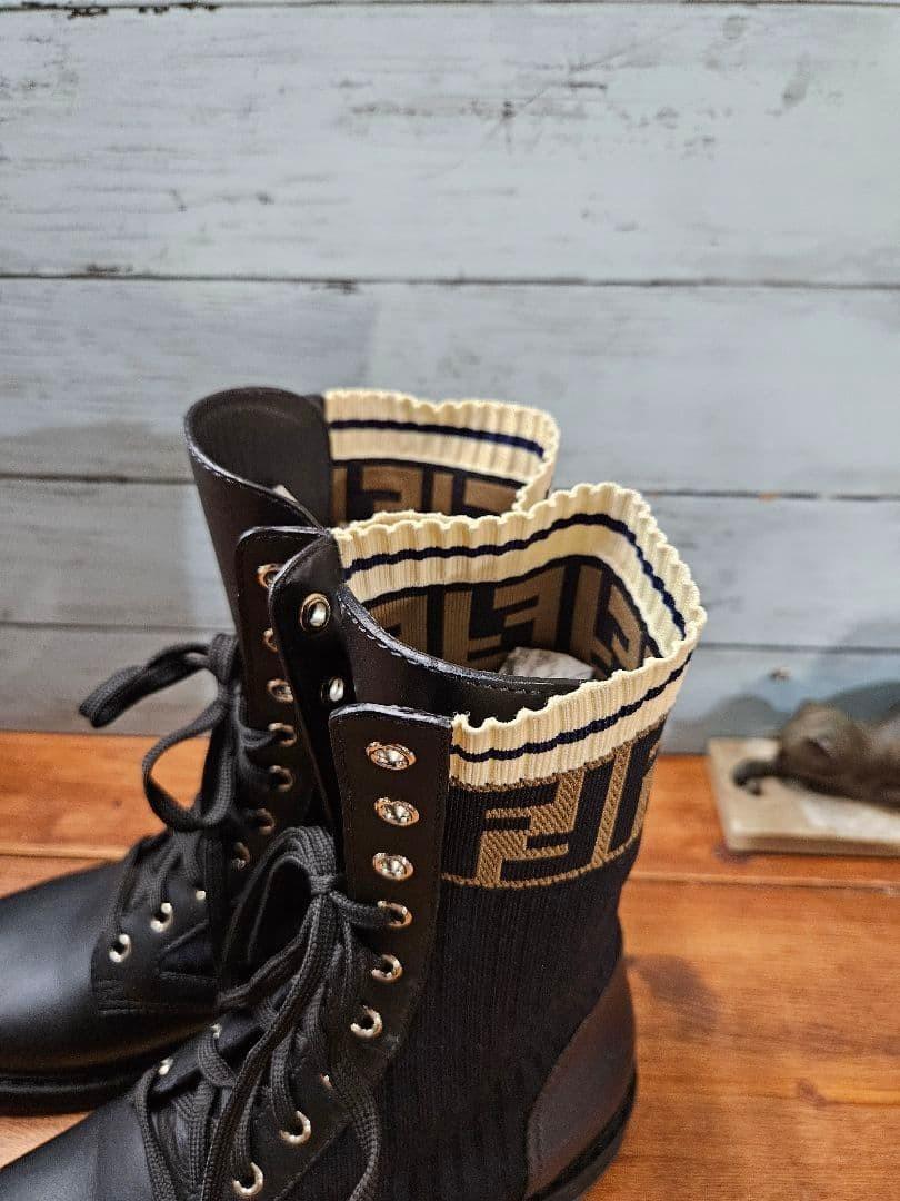 FENDI Boots Shoes FF Zucca EU 39 US 9 Leather fabric Black Authentic