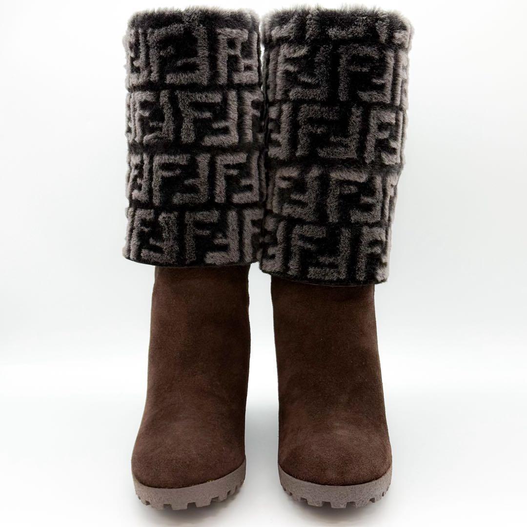 FENDI Boots Shoes FF Zucca EU 36.5 US 6.5 Suede Fur Brown Authentic