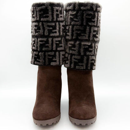 FENDI Boots Shoes FF Zucca EU 36.5 US 6.5 Suede Fur Brown Authentic