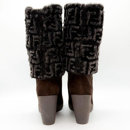 FENDI Boots Shoes FF Zucca EU 36.5 US 6.5 Suede Fur Brown Authentic