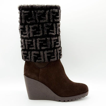 FENDI Boots Shoes FF Zucca EU 36.5 US 6.5 Suede Fur Brown Authentic