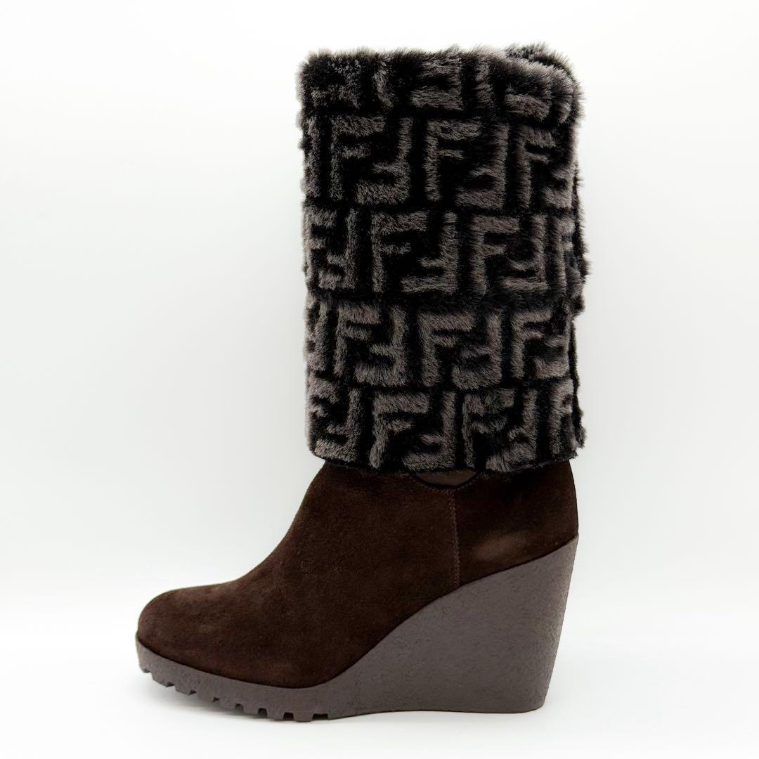 FENDI Boots Shoes FF Zucca EU 36.5 US 6.5 Suede Fur Brown Authentic