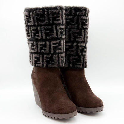 FENDI Boots Shoes FF Zucca EU 36.5 US 6.5 Suede Fur Brown Authentic
