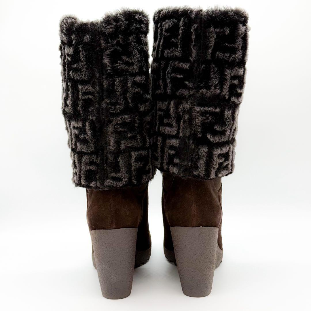 FENDI Boots Shoes FF Zucca EU 36.5 US 6.5 Suede Fur Brown Authentic
