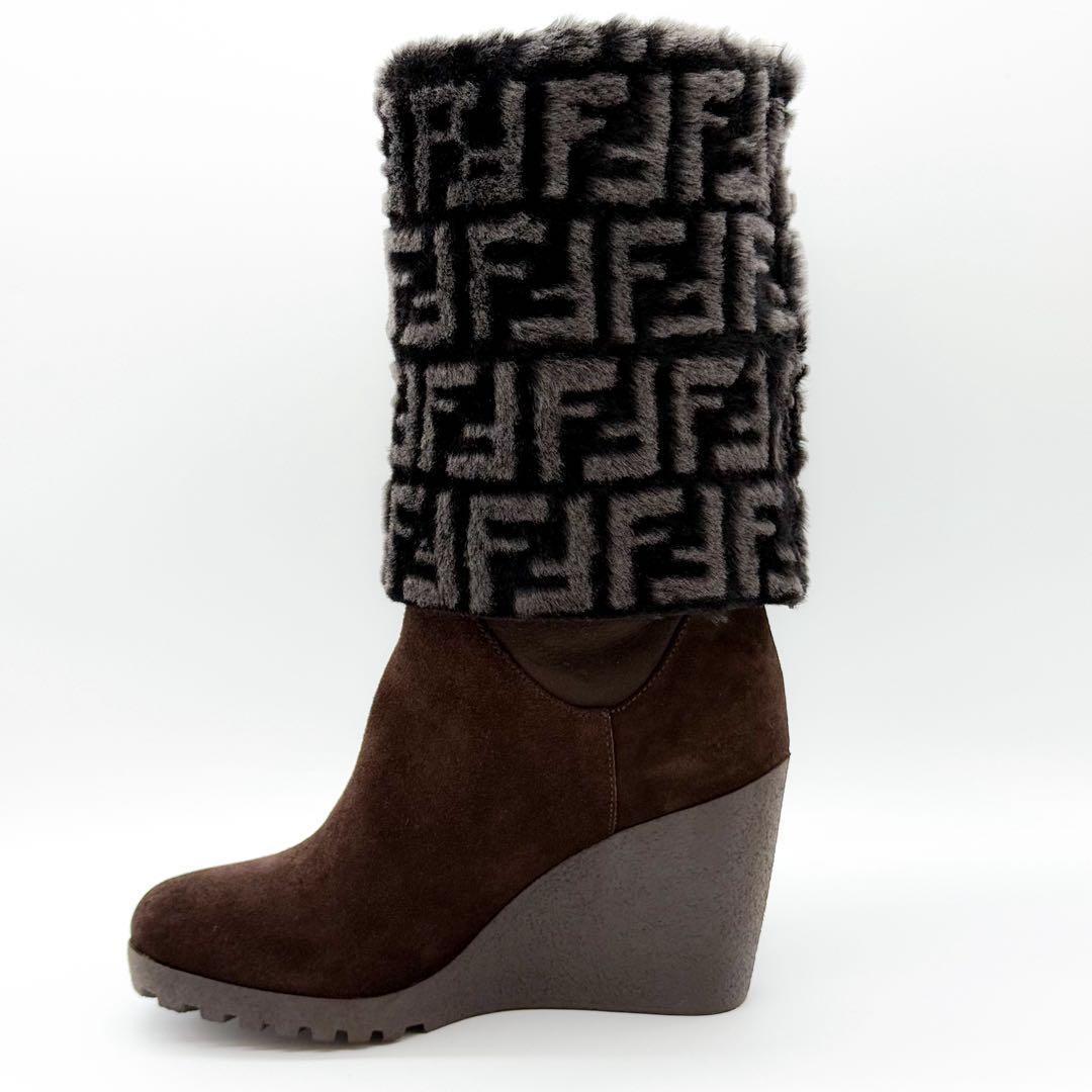 FENDI Boots Shoes FF Zucca EU 36.5 US 6.5 Suede Fur Brown Authentic