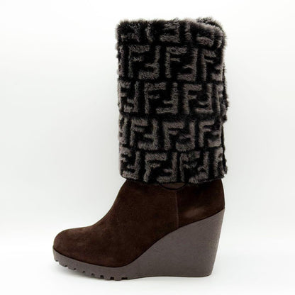 FENDI Boots Shoes FF Zucca EU 36.5 US 6.5 Suede Fur Brown Authentic