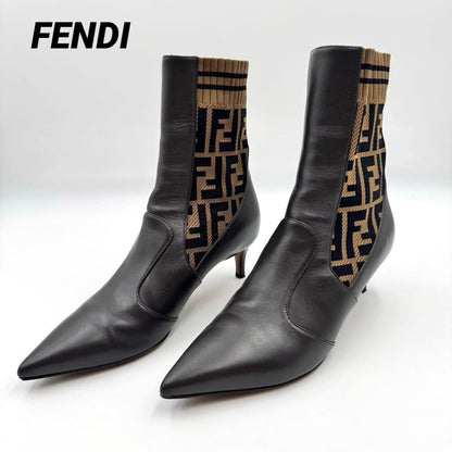 FENDI Short Boots Shoes FF Zucca EU 36.0 US 6.0 Leather Brown Authentic