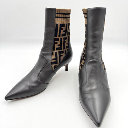 FENDI Short Boots Shoes FF Zucca EU 36.0 US 6.0 Leather Brown Authentic