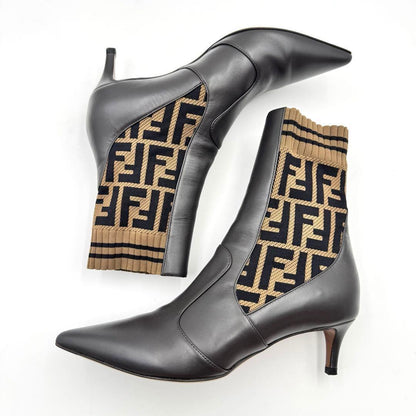 FENDI Short Boots Shoes FF Zucca EU 36.0 US 6.0 Leather Brown Authentic