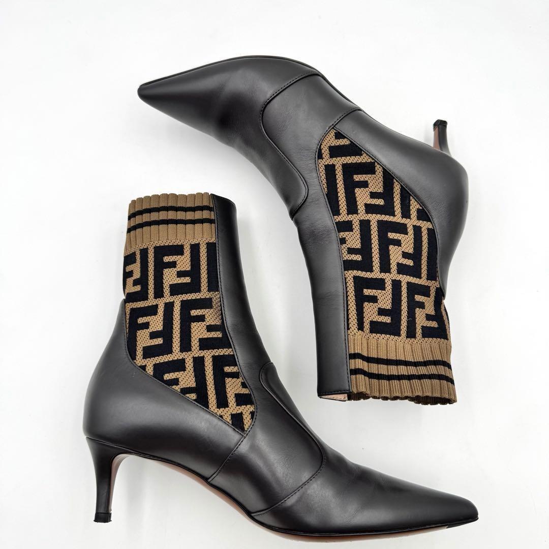 FENDI Short Boots Shoes FF Zucca EU 36.0 US 6.0 Leather Brown Authentic