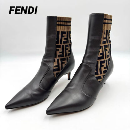 FENDI Short Boots Shoes FF Zucca EU 36.0 US 6.0 Leather Brown Authentic