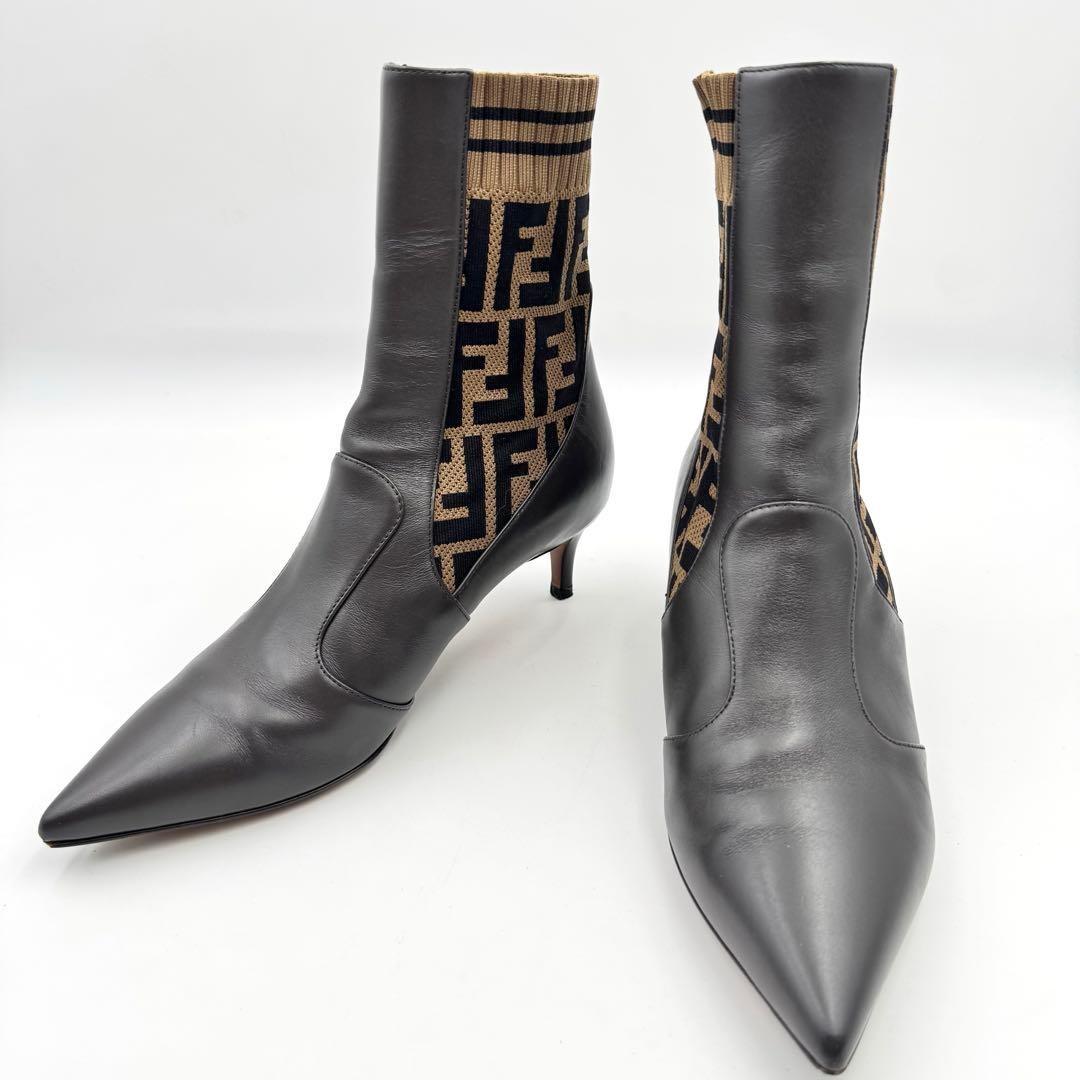 FENDI Short Boots Shoes FF Zucca EU 36.0 US 6.0 Leather Brown Authentic