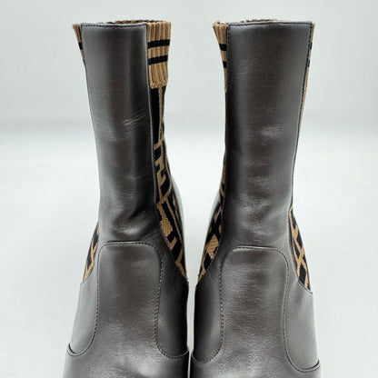 FENDI Short Boots Shoes FF Zucca EU 36.0 US 6.0 Leather Brown Authentic