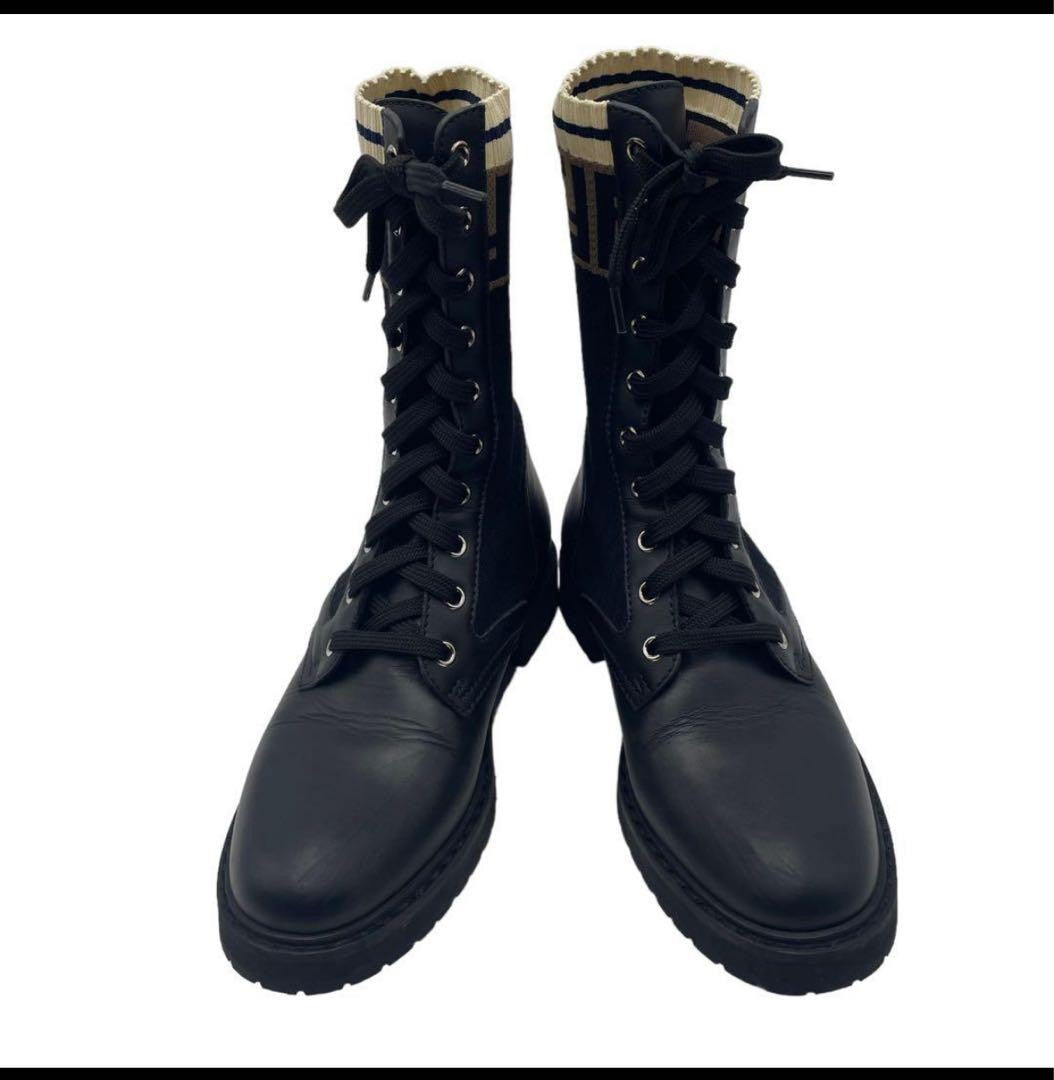 FENDI Short Boots Shoes FF Zucca EU 37 US 7 Leather Knit Black Authentic