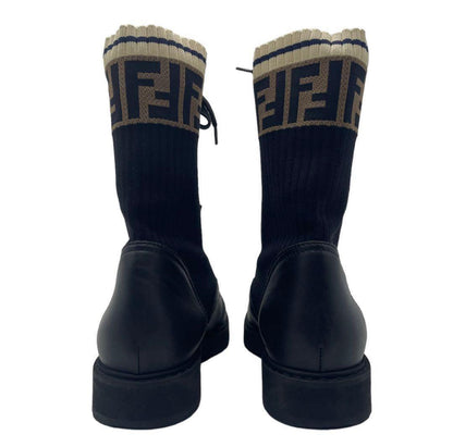 FENDI Short Boots Shoes FF Zucca EU 37 US 7 Leather Knit Black Authentic