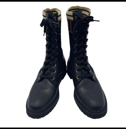 FENDI Short Boots Shoes FF Zucca EU 37 US 7 Leather Knit Black Authentic