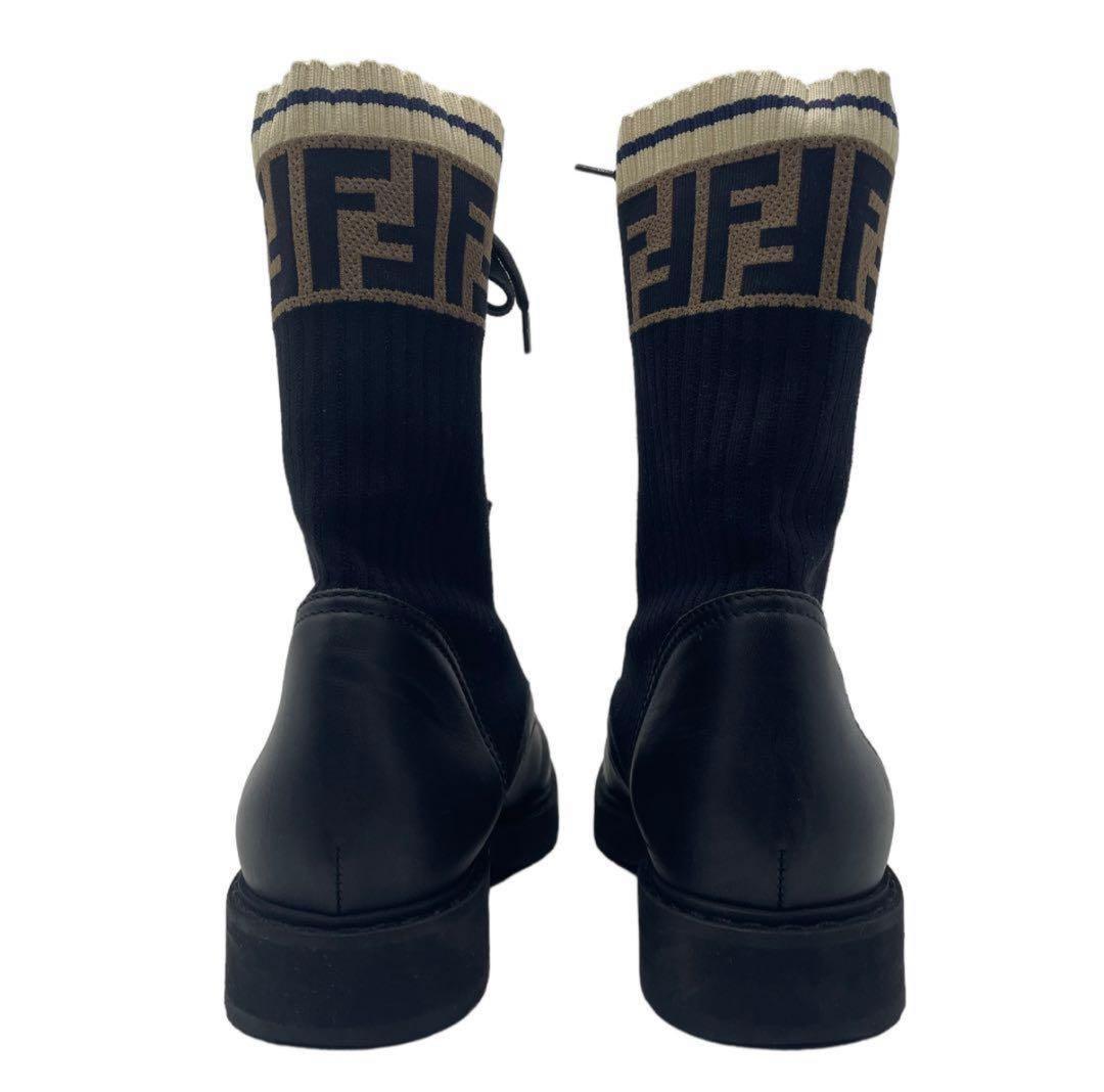 FENDI Short Boots Shoes FF Zucca EU 37 US 7 Leather Knit Black Authentic