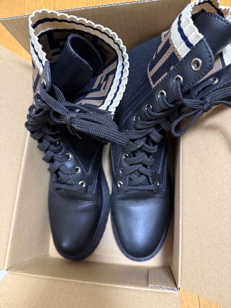 FENDI Short Boots Shoes FF Zucca EU 37 US 7 Leather Knit Black Authentic