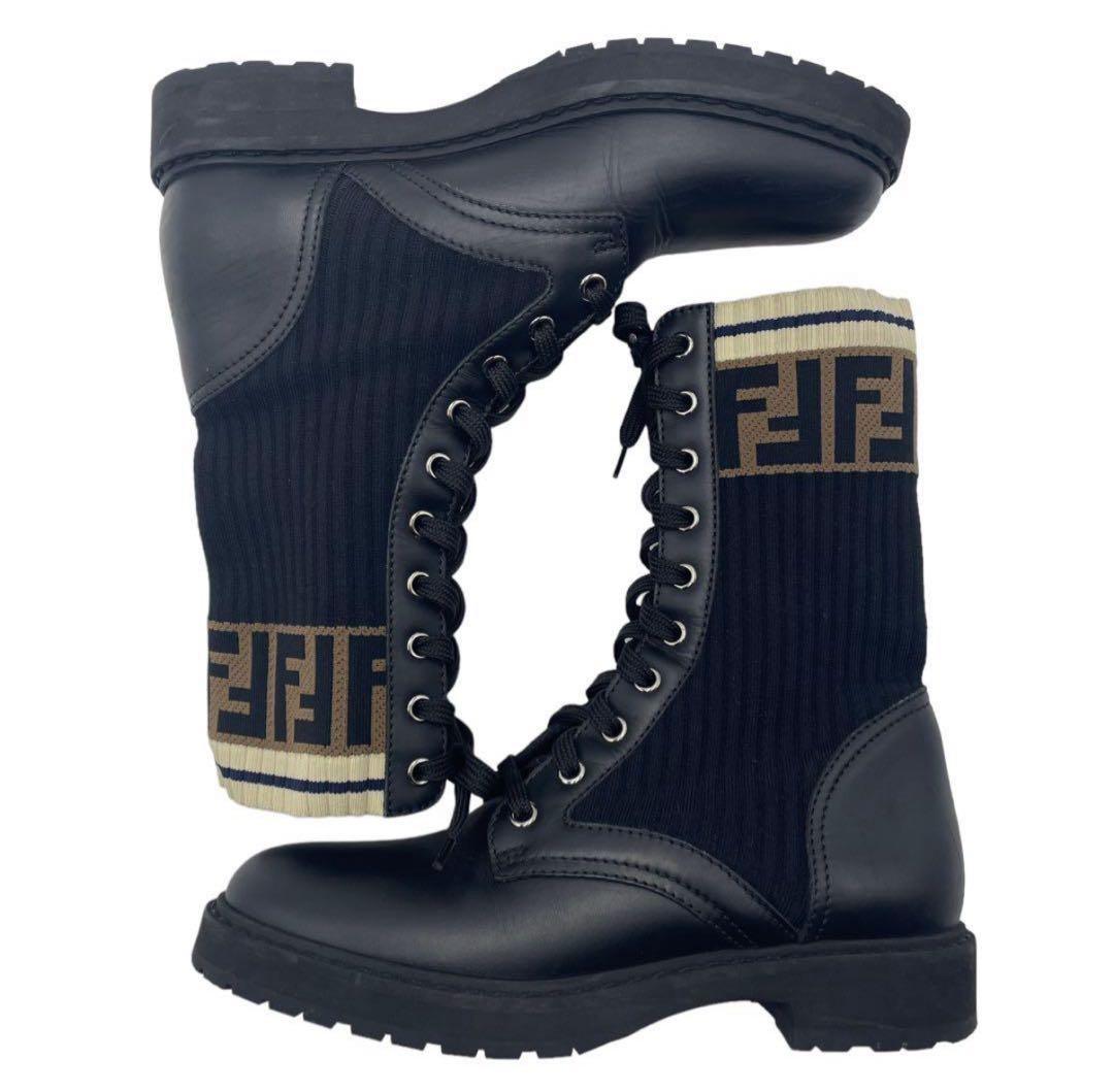 FENDI Short Boots Shoes FF Zucca EU 37 US 7 Leather Knit Black Authentic