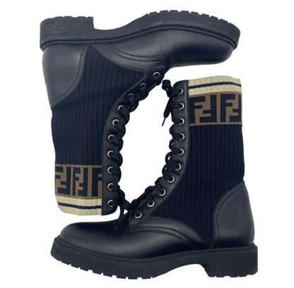 FENDI Short Boots Shoes FF Zucca EU 37 US 7 Leather Knit Black Authentic