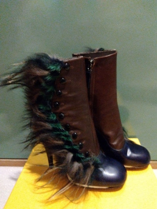 FENDI Short Boots Shoes EU 36.5 US 6.5 Leather Brown Navy Authentic