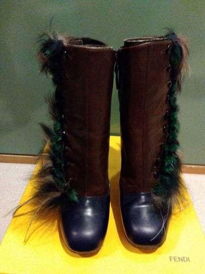FENDI Short Boots Shoes EU 36.5 US 6.5 Leather Brown Navy Authentic