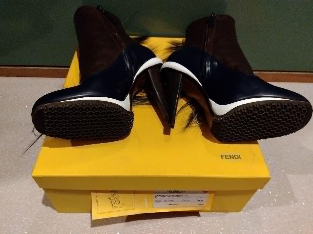 FENDI Short Boots Shoes EU 36.5 US 6.5 Leather Brown Navy Authentic