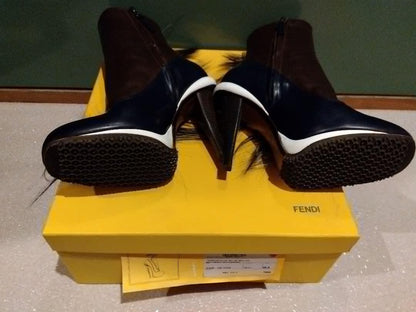FENDI Short Boots Shoes EU 36.5 US 6.5 Leather Brown Navy Authentic