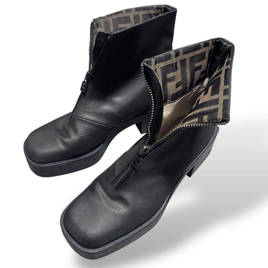 FENDI Short Boots Shoes FF Zucca EU 36.5 US 6.5 Black Authentic