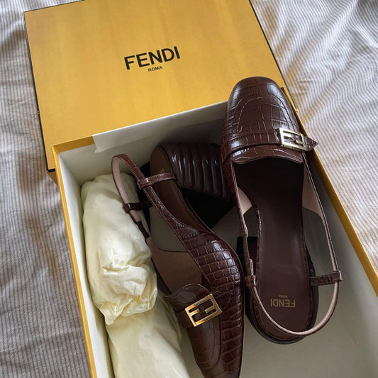FENDI Shoes Pumps Heel FF EU 37.5 US 7.5 Leather Brown Authentic