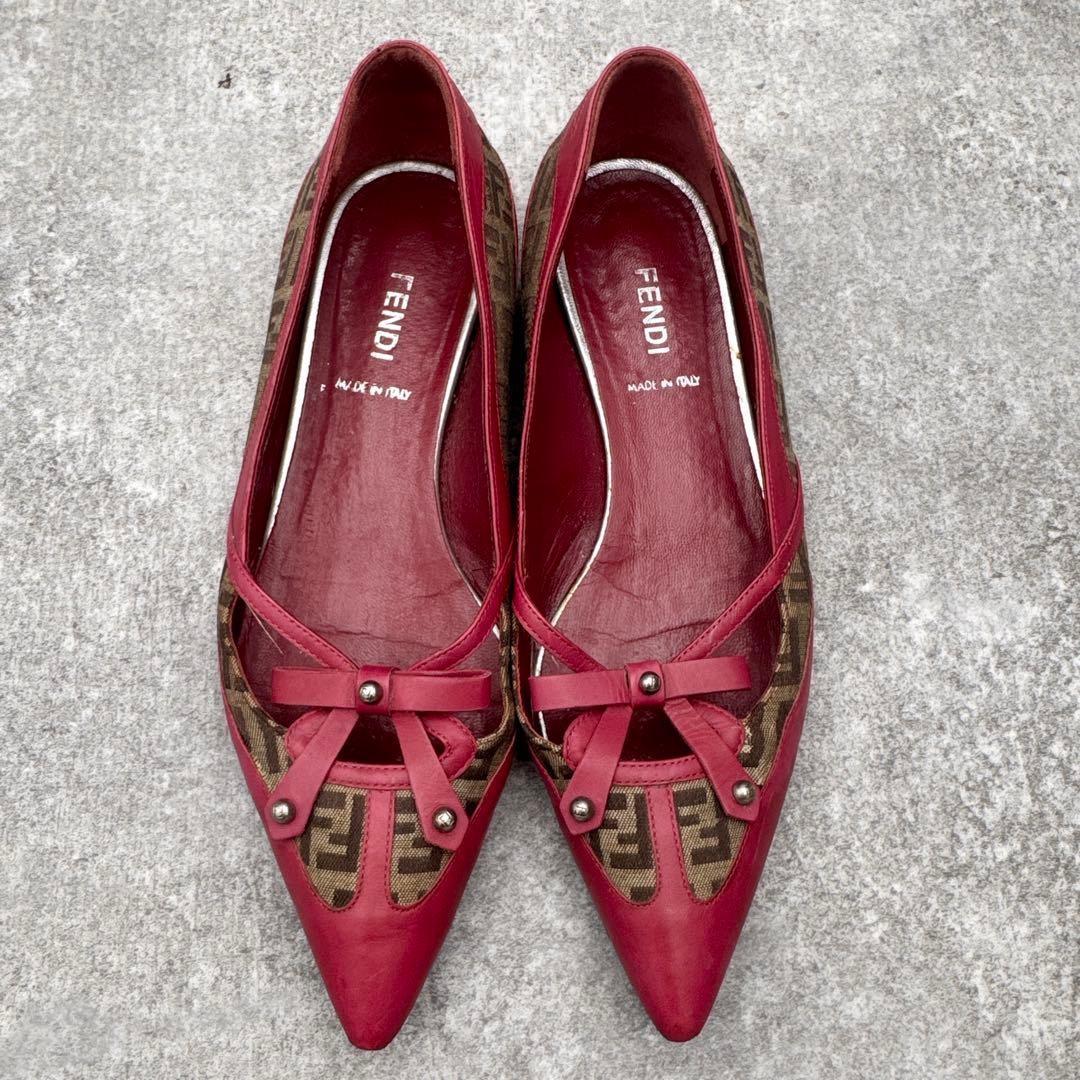 FENDI Shoes Pumps Heel FF Zucca EU 36 US 6 Leather Red Authentic