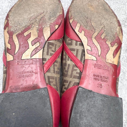 FENDI Shoes Pumps Heel FF Zucca EU 36 US 6 Leather Red Authentic