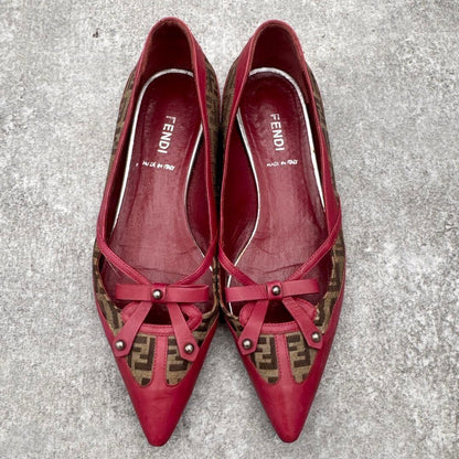 FENDI Shoes Pumps Heel FF Zucca EU 36 US 6 Leather Red Authentic