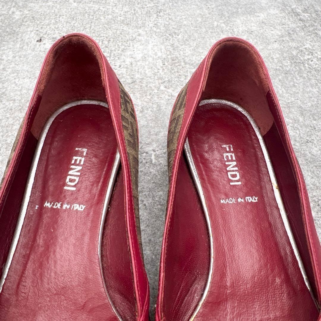 FENDI Shoes Pumps Heel FF Zucca EU 36 US 6 Leather Red Authentic