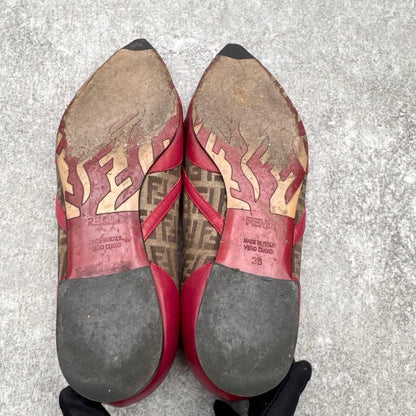 FENDI Shoes Pumps Heel FF Zucca EU 36 US 6 Leather Red Authentic