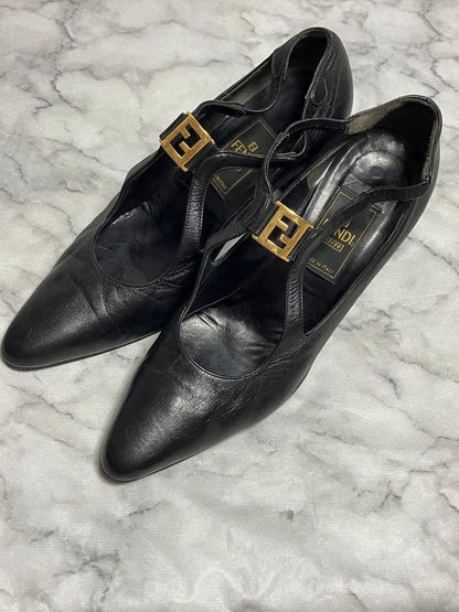 FENDI Shoes Pumps Heel FF EU 35.5 US 5.5 Leather Black Authentic